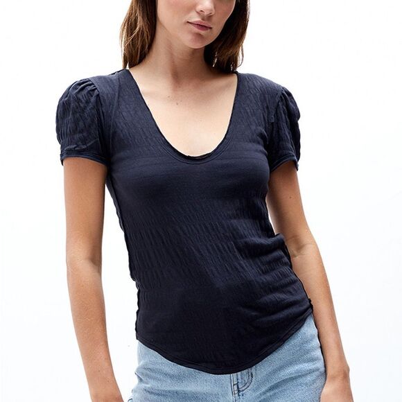 Free People We The Free Sugar Cube Smocked Short Sleeve Blue  Size L - Picture 2 of 6